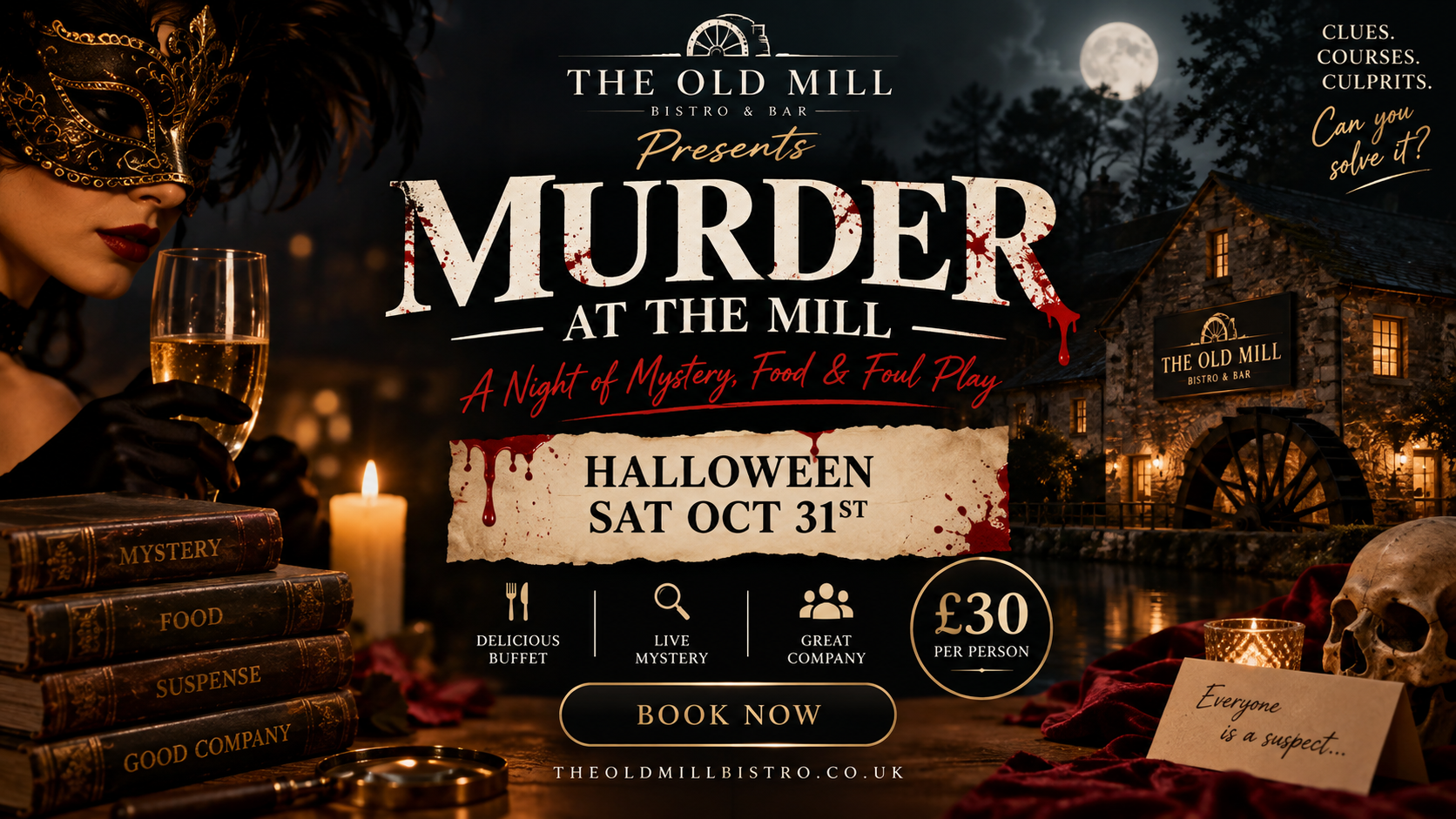 Murder at the Mill poster — a Halloween night of mystery, food and foul play