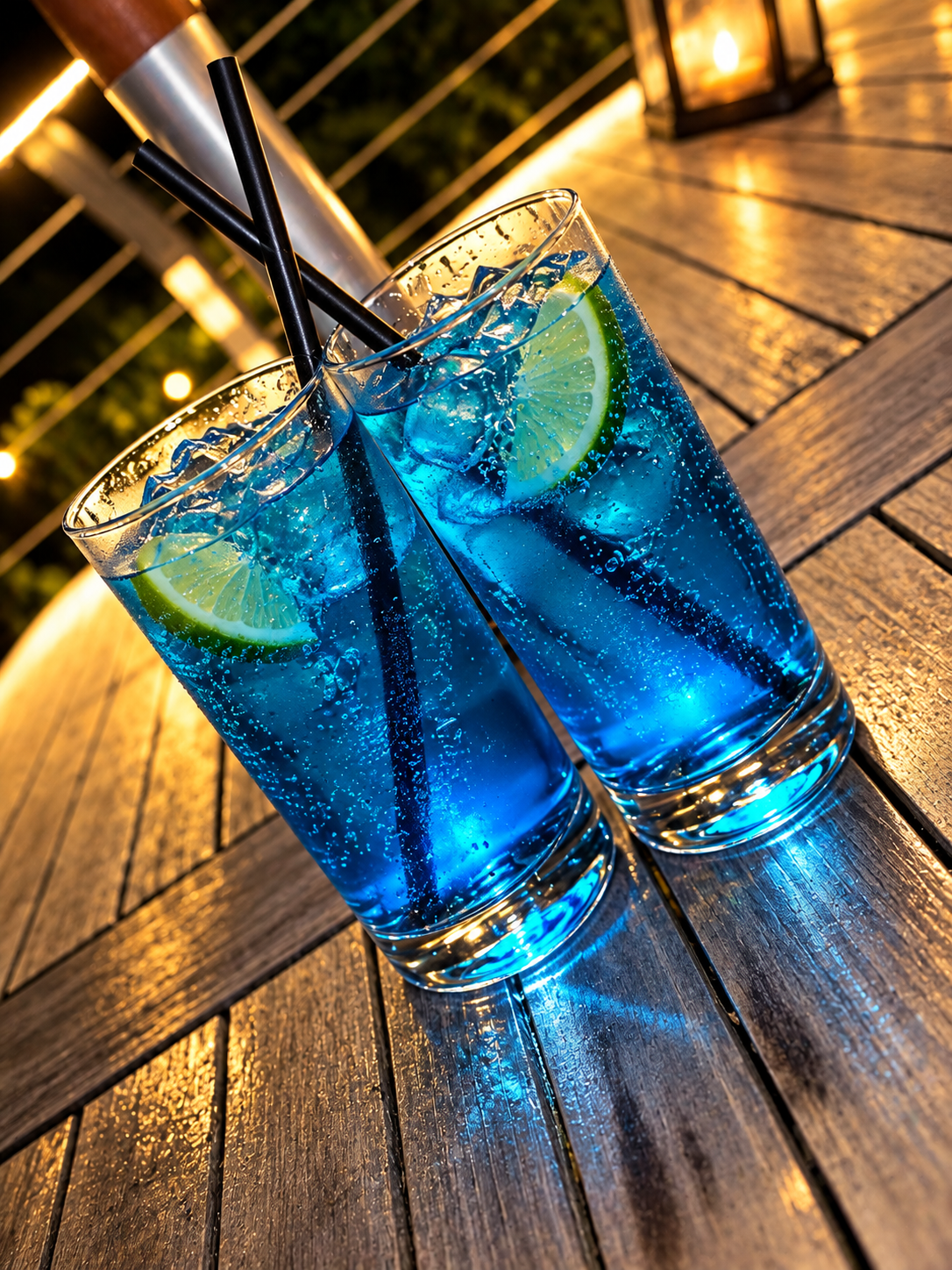 Two vibrant blue cocktails with lime wedges on an outdoor deck under string lights