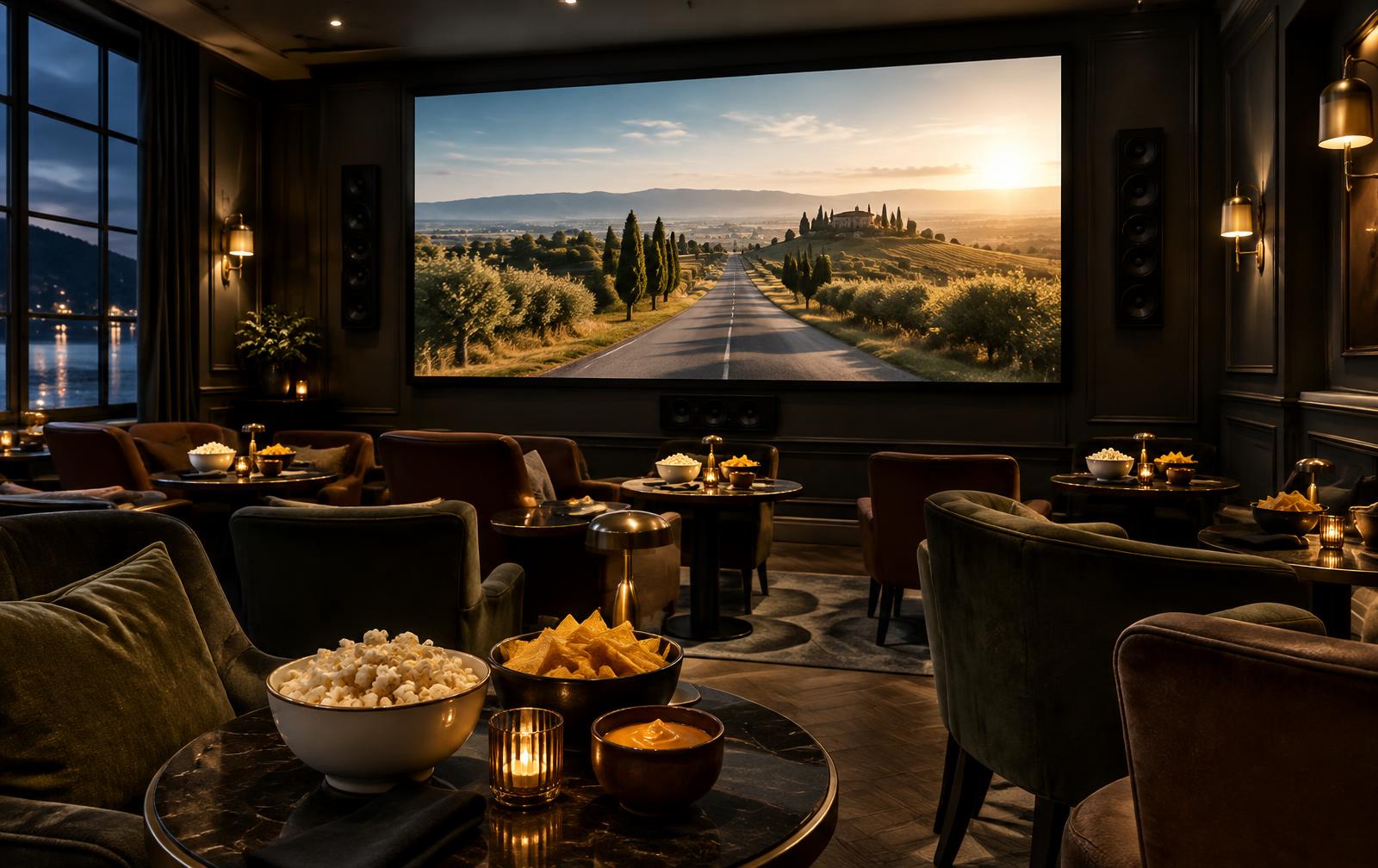 An intimate cinema evening with popcorn and a large screen at The Old Mill